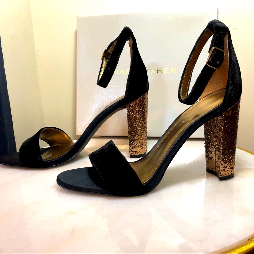 Marc Fisher Gold Glitter accent black velvet heels